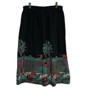 Vintage Avon Medium Bird Print Black Midi Skirt Union Made Cranes Lotus Flower